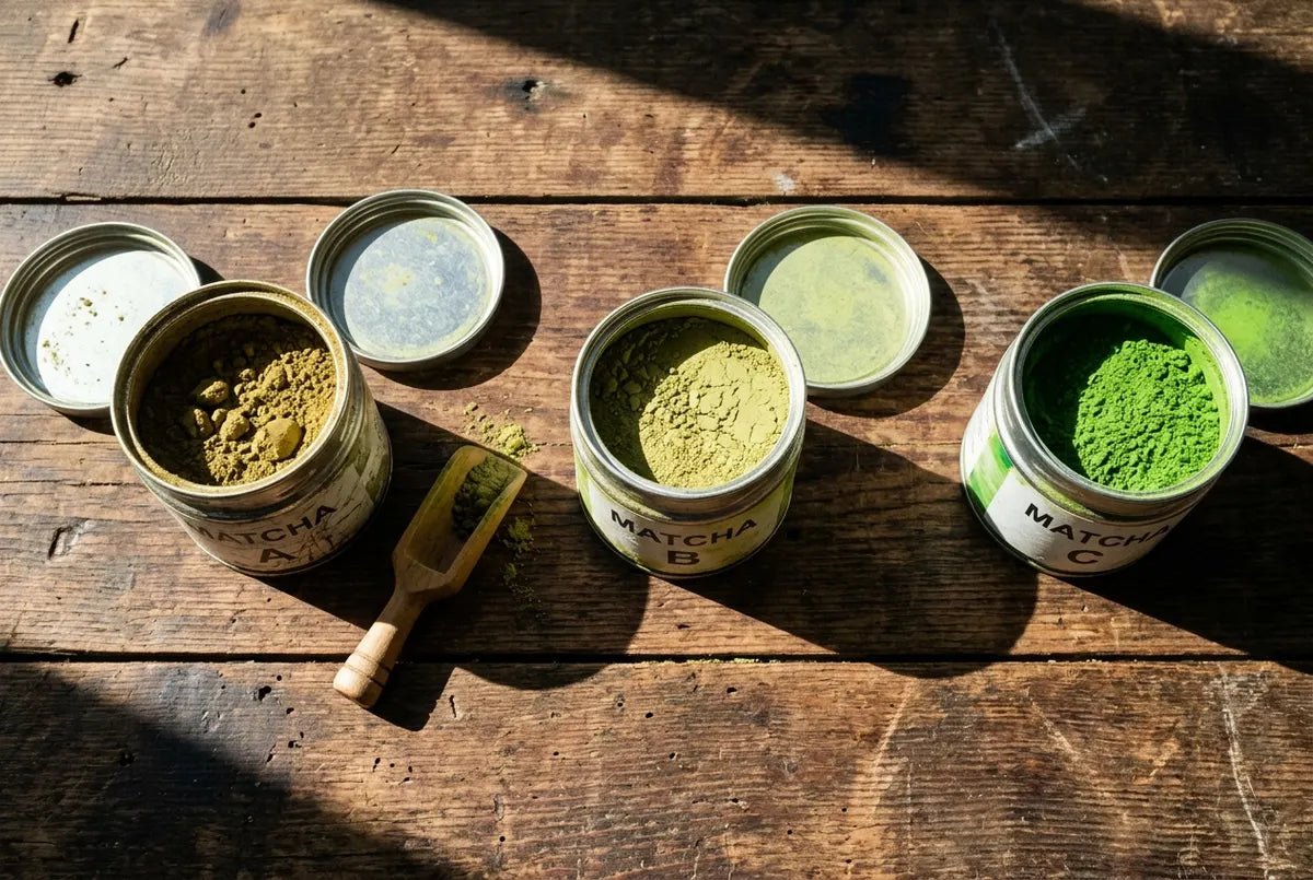 Matcha-Pulver in offenen Dosen, von gelblich über oliv bis leuchtend grün