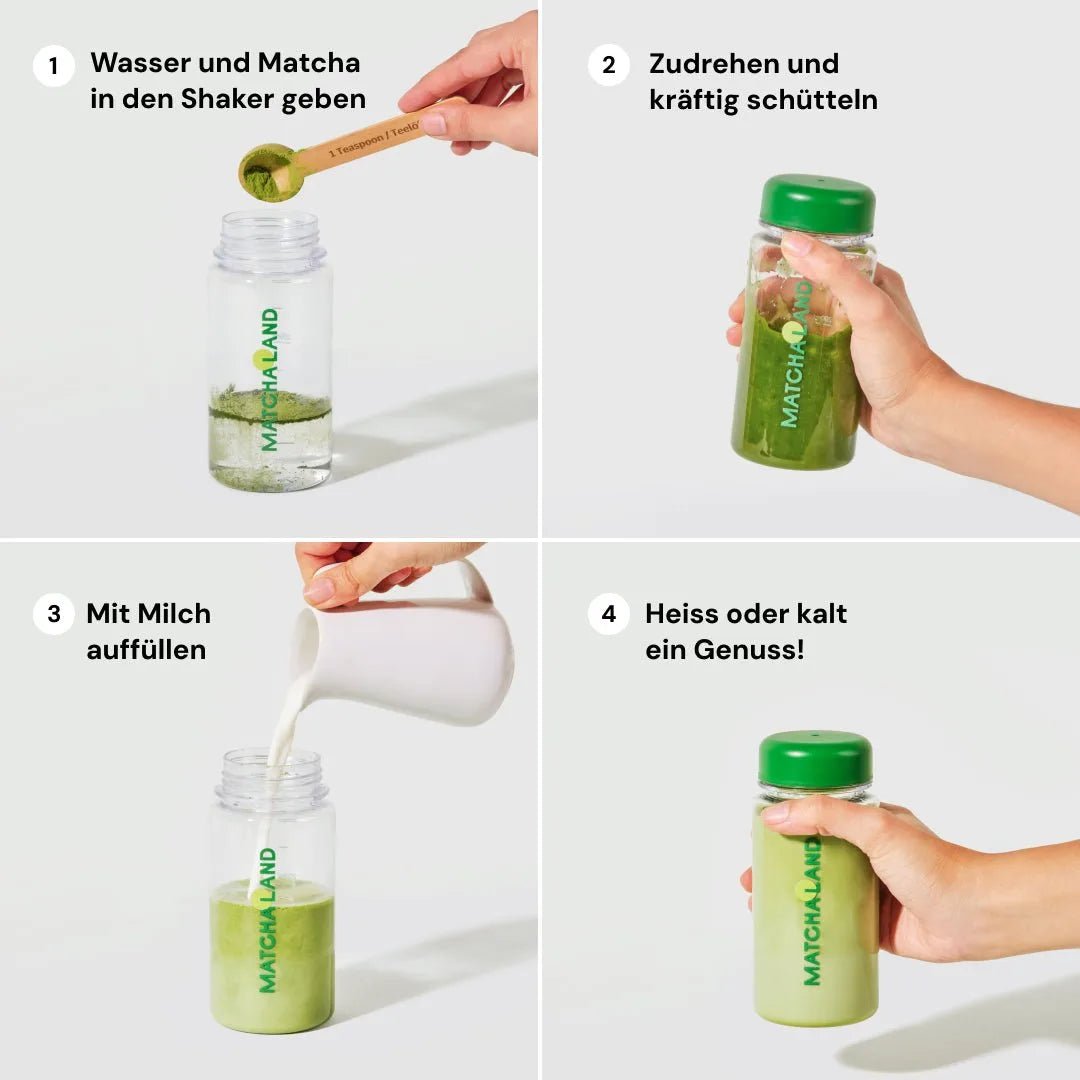 Matcha-Zubereitung im Shaker in vier Schritten